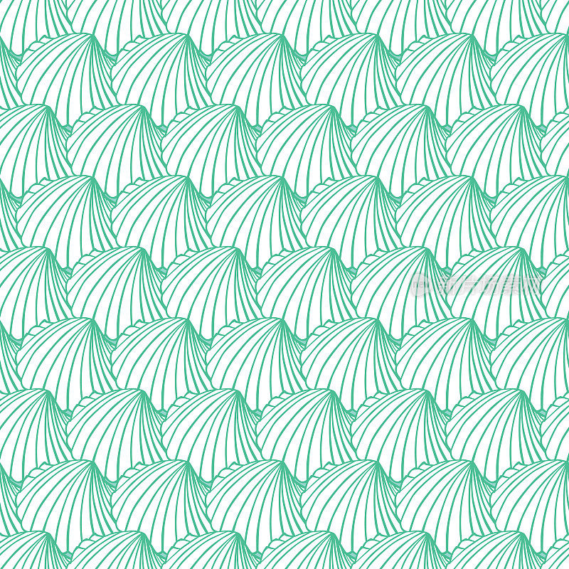 Vector aqua rows of cockles, clam, seas贝壳repeat pattern。适用于礼品包装、纺织品及壁纸。
